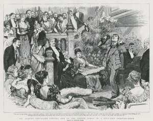 Pan Albert Chevalier zpívá jednu ze svých costerových písní v salonu ve West Endu (rytina) od William Small
