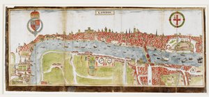 Sloane 2596, f.52 Pohled na Londýn od jihu, ukazující řeku Temži, London Bridge a Tower