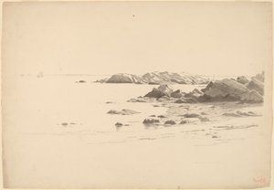 Skalnatá pláž se vzdálenými čluny od William Stanley Haseltine