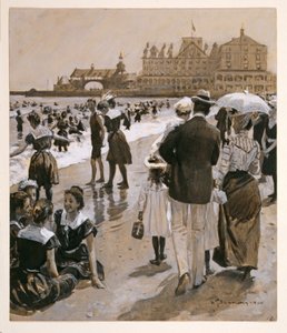 Plážová scéna z časopisu Harpers Weekly, pub. 1900 (kolorovaná litografie)