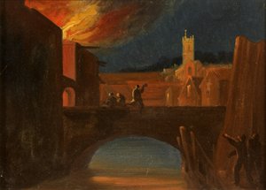 Bristol Riots: The Burning of Bridewell, s kostelem svatého Michaela, Bridewell Bridge, kolem roku 1831 (olej na papíře)