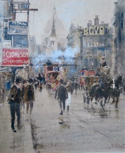 Viadukt Fleet Street a Ludgate Hill s kouřem z projíždějícího vlaku, cca 1910 (akvarel) od William Walcott