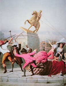 Newyorští vlastenci strhávají sochu Jiřího III. v Bowling Green, 9. července 1776.