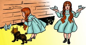 The Wonderful Wizard of Oz - The Wizard of Oz: Úprava dvou snímků Denslowa, William Wallace (1856-1915) vytvořený pro první vydání 1900 knihy Franka Bauma (1856-1919) - Dorothee (Dorothy), doprovázená svým psem Toto , obnovuje magické stříbrné šó od William Wallace Denslow
