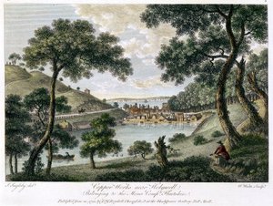 Copperworks poblíž Holywell, Flintshire, Wales ve vlastnictví Mona Company, 1792