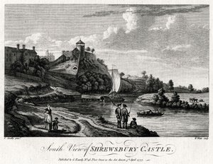 Jižní pohled na hrad Shrewsbury, Shropshire, 1777