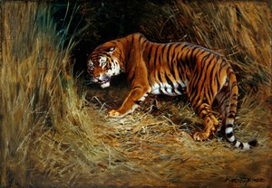 Prowling Tiger (olej na plátně položeném na palubě)