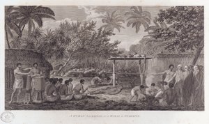Lidská oběť na Tahiti v jižním Pacifiku, c1773