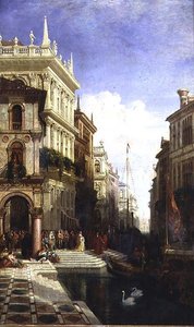 Capricciový pohled na Benátky s princeznou ukázanou gondole v zadní části Scuola di San Marco od William Wyld