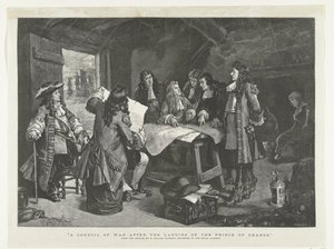 William III drží válečnou radu v rybářské chýši, 1688 Válečná rada po vylodění Prince of Orange (název na objektu) od Williamson