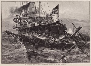 Americký válečník likviduje trosky v Atlantiku (litografie)
