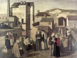Scéna ve vesnické ulici s konverzací Mill-Hands
