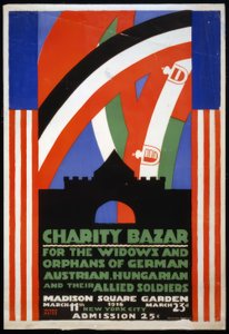 Plakát na charitativní bazar pro vdovy a sirotky po německých, rakouských, maďarských a konfederačních vojácích v Madison Square Garden v New Yorku.