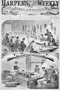 Muži a ženy plní nábojnice v arzenálu ve Watertown, Massachusetts, z Harper