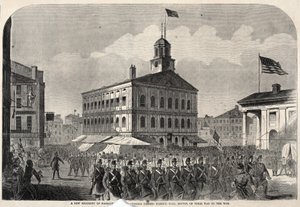 Nový pluk massachusettských dobrovolníků projíždí Faneuil Hall v Bostonu na cestě do války. od Winslow Homer