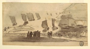 Kresba, Plážová scéna s lidmi a rybářskými čluny, Cullercoats, Anglie, 1881-82 od Winslow Homer
