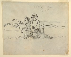 Kresba, Chlapec a dívka sedící na pluhu, 1879 od Winslow Homer