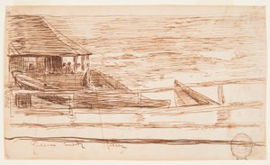 Kresba, Dům u zábradlí s plážovými dory, Cullercoats, Anglie, 1881 od Winslow Homer