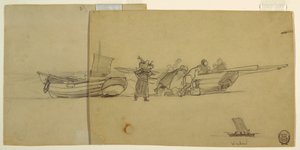 Kresba, Muži a ženy vykládající rybářskou loďku, Cullercoats, Anglie, 1881-82 od Winslow Homer