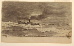 Kresba, Mořská krajina s rybářskou vlečnou lodí, Cullercoats, Anglie, 1881-82 od Winslow Homer