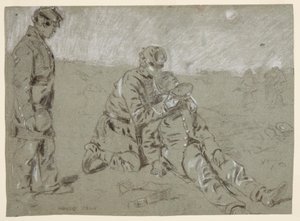 Kresba, voják dává vodu zraněnému kamarádovi, 1864 od Winslow Homer