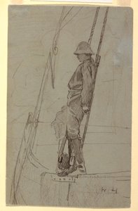 Kresba, Mladý muž opírající se o lanoví plachetnice, pravděpodobně 1861-62 od Winslow Homer