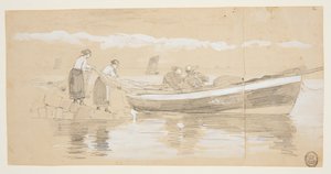 Rybář a ženy ukládají sítě v Beached Dory, Cullercoats, Anglie od Winslow Homer