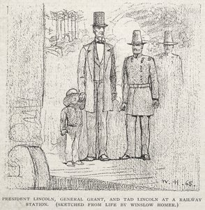 Prezident Lincoln, generál Grant a Tad Lincoln na nádraží od Winslow Homer