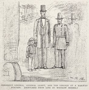 Prezident Lincoln, generál Grant a Tad Lincoln na železniční stanici, 1887. od Winslow Homer