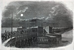 Přední stráž Velké armády Spojených států amerických při přejezdu Dlouhého mostu přes Potomac ve dvě hodiny ráno 24. května 1861, z Harper