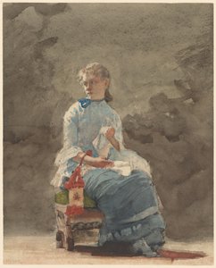 Žena šití, 1878-9 (akvarel přes grafit na špinavě bílý tkaný akvarelový papír) od Winslow Homer