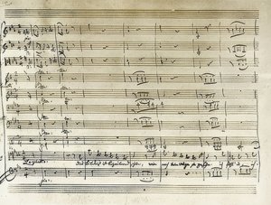 Ručně psaný začátek Taminovy ​​portrétní árie z Kouzelné flétny. Přepis poznámek. 1791