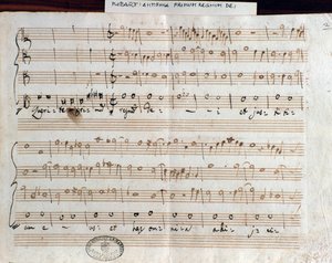 Notová stránka knihy Seek the first Kingdom of God od Mozarta k získání titulu Accademico filarmonico (1770) od Wolfgang Amadeus Mozart