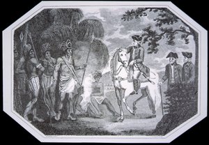 Generál Burgoyne a Indiáni v roce 1777, vyrytý J. Taylorem, z „Dějiny Anglie“ od Davida Humea a Tobiase Smolletta, vydáno Londýn od Woodruff (after)