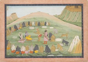 Hanuman oživuje Rámu a Lakšmanu léčivými bylinami..., série Ramayana, ca. 1790. od Workshop active in the First generation