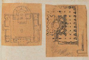 Stránka z Scrapbook obsahující kresby a několik tisků architektury, Int..., ca. 1800-1850. Tvůrci: Workshop Charlese Perciera, Workshop Pierra Françoise Léonarda Fontaina. od Workshop of Charles Percier, Workshop of Pierre