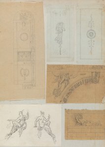 Stránka z Scrapbook obsahující kresby a několik tisků architektury, Int..., ca. 1800-1850. Tvůrci: Workshop Charlese Perciera, Workshop Pierra Françoise Léonarda Fontaina.