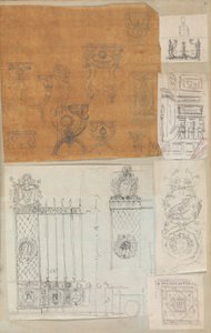 Stránka z Scrapbook obsahující kresby a několik tisků architektury, Int..., ca. 1800-1850. Tvůrci: Workshop Charlese Perciera, Workshop Pierra Françoise Léonarda Fontaina.