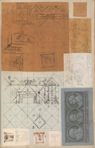 Stránka z Scrapbook obsahující kresby a několik tisků architektury, Int..., ca. 1800-1850. Tvůrci: Workshop Charlese Perciera, Workshop Pierra Françoise Léonarda Fontaina. od Workshop of Charles Percier, Workshop of Pierre