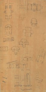 Stránka z Scrapbook obsahující kresby a několik tisků architektury, Int..., ca. 1800-1850. Tvůrci: Workshop Charlese Perciera, Workshop Pierra Françoise Léonarda Fontaina.