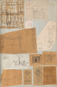 Stránka z Scrapbook obsahující kresby a několik tisků architektury, Int..., ca. 1800-1850. Tvůrci: Workshop Charlese Perciera, Workshop Pierra Françoise Léonarda Fontaina.