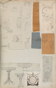 Stránka z Scrapbook obsahující kresby a několik tisků architektury, Int..., ca. 1800-1850. Tvůrci: Workshop Charlese Perciera, Workshop Pierra Françoise Léonarda Fontaina.