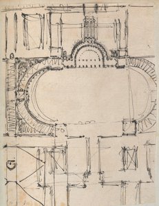Stránka z Scrapbook obsahující kresby a několik tisků architektury, Int..., ca. 1800-1850. Tvůrci: Workshop Charlese Perciera, Workshop Pierra Françoise Léonarda Fontaina.