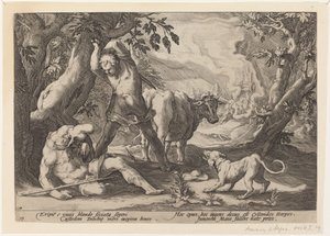Krajina s Merkurem, který zvedá meč, aby zabil spícího Arguse od Workshop of Hendrick Goltzius, after Hendrick Goltzius