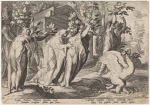 Phaetonovy sestry se změnily v topoly a Cygnus v labuť od Workshop of Hendrick Goltzius, after Hendrick Goltzius