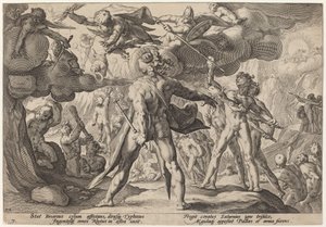 Obři šplhající po nebesích od Workshop of Hendrick Goltzius, after Hendrick Goltzius
