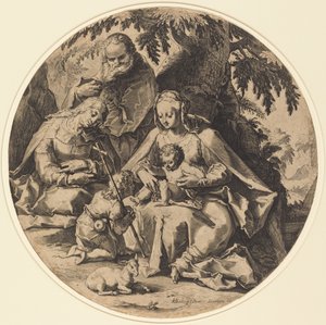 Svatá rodina se svatou Alžbětou a svatým Janem Křtitelem od Workshop of Jacob Matham, after Hendrik Goltzius