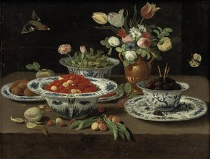 Lesní jahody v čínské porcelánové míse "kraak", ostružiny v druhé míse stojící na talíři, různé květiny v bronzové váze, damsony v další míse a vlašské ořechy na talíři, broskev, větvička třešní a další ovoce, vše na kameni. od Workshop of Jan van Kessel the Elder