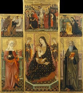 Oltářní obraz Panny sající dítě, svaté Kláry a svatého Antonína Abbotta od Workshop of Llorenç Saragossa