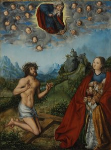 Dvojí přímluva: Kristus a Panna Maria se přimlouvají za lidstvo u Boha Otce. od workshop of Lucas Cranach the Elder